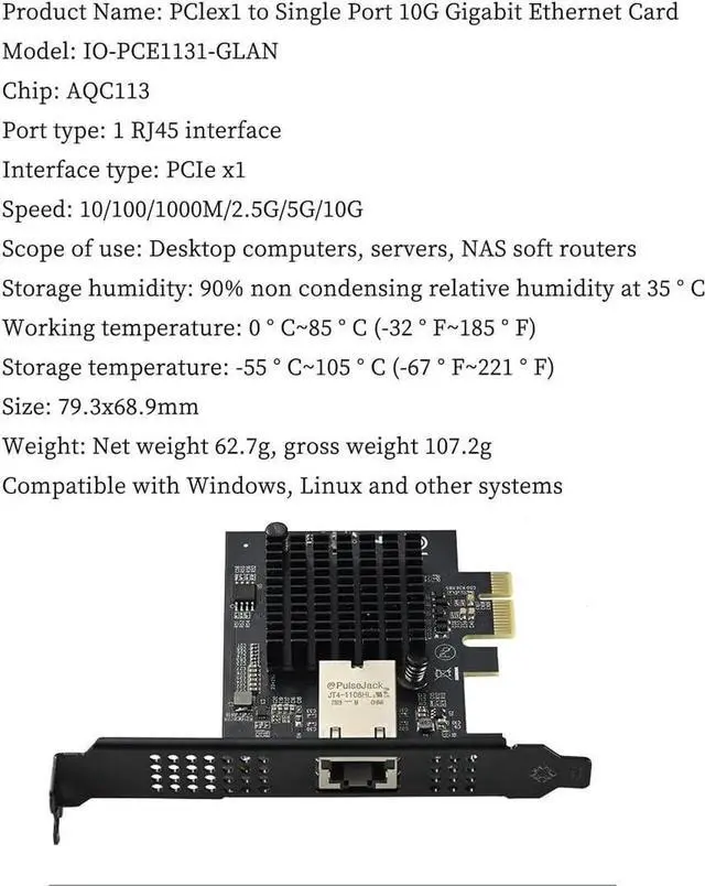 Alt view image 4 of 7 - PCIe 4.0 x1 to 10Gbps Single-Port Ethernet Network Adapter AQC113 Chipset, RJ45 10GBase-T, High-Speed NIC for Server/Desktop/NAS