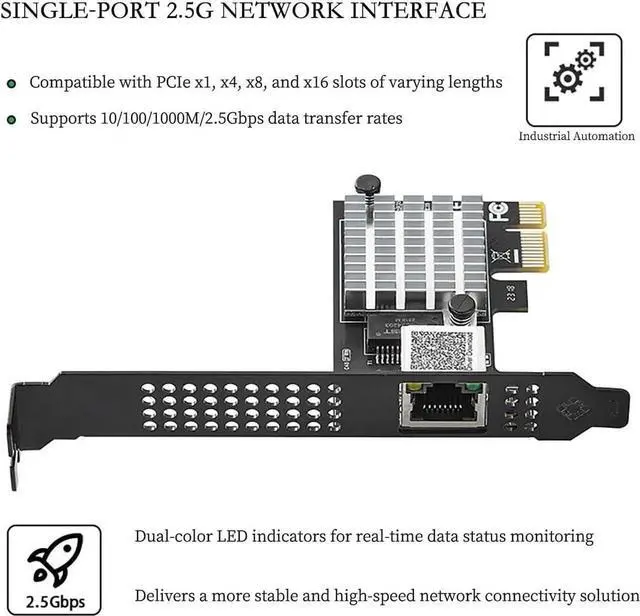Alt view image 5 of 7 - PCIe X1 to 2.5G Network Card RTL8125B Gigabit Ethernet Adapter for Desktop and Server, PCI-E x1 LAN Card 2500Mbps with Dual LED Indicators, Full & Low Profile Brackets (Single RJ45)