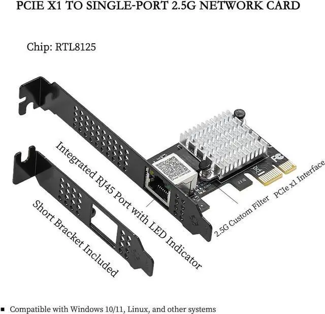 Alt view image 7 of 7 - PCIe X1 to 2.5G Network Card RTL8125B Gigabit Ethernet Adapter for Desktop and Server, PCI-E x1 LAN Card 2500Mbps with Dual LED Indicators, Full & Low Profile Brackets (Single RJ45)