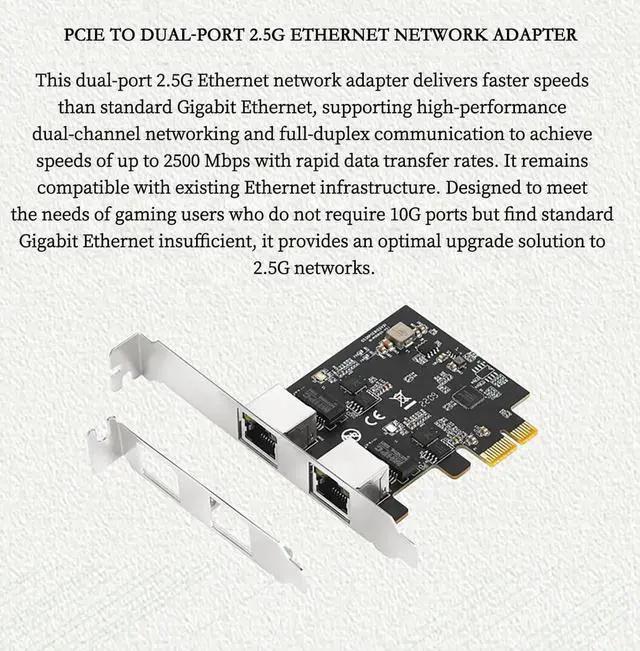 Alt view image 2 of 7 - PCIe X1 to 2.5G Network Card RTL8125B Gigabit Ethernet Adapter for Desktop and Server, PCI-E x1 LAN Card 2500Mbps with Dual LED Indicators, Full & Low Profile Brackets (Dual RJ45)