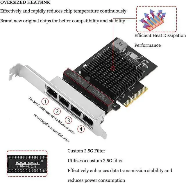 Alt view image 6 of 7 - PCIe X1 to 2.5G Network Card RTL8125B Gigabit Ethernet Adapter for Desktop and Server, PCI-E x1 LAN Card 2500Mbps with Dual LED Indicators, Full & Low Profile Brackets (Quad RJ45)