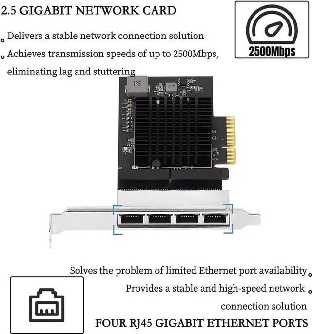 Alt view image 4 of 7 - PCIe X1 to 2.5G Network Card RTL8125B Gigabit Ethernet Adapter for Desktop and Server, PCI-E x1 LAN Card 2500Mbps with Dual LED Indicators, Full & Low Profile Brackets (Quad RJ45)