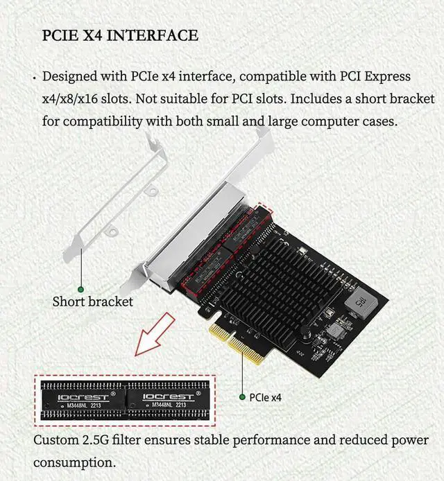 Alt view image 5 of 7 - PCIe X1 to 2.5G Network Card RTL8125B Gigabit Ethernet Adapter for Desktop and Server, PCI-E x1 LAN Card 2500Mbps with Dual LED Indicators, Full & Low Profile Brackets (Quad RJ45)
