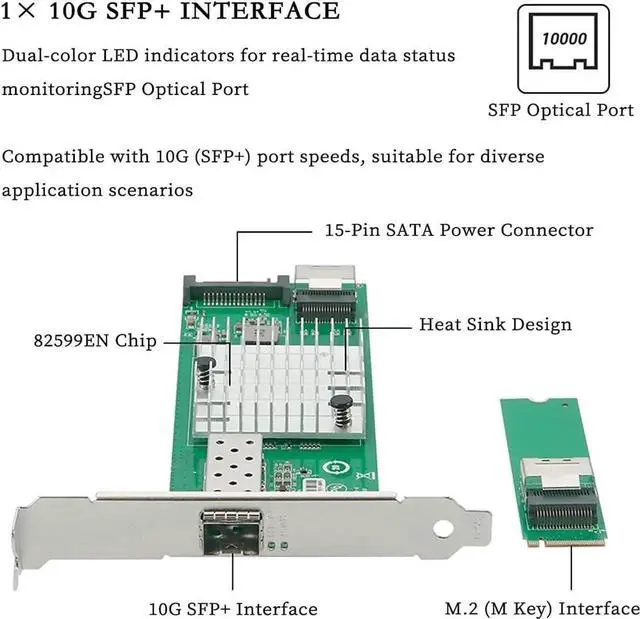 Alt view image 7 of 7 - M.2 (M Key) to 10G SFP+ Network Adapter Card, PCIe 2.0 x4 Interface with 82599EN Chip Single-Port 10 Gigabit Fiber NIC for Server, Router, and NAS, Compatible with Windows/Linux/VMware/UEFI