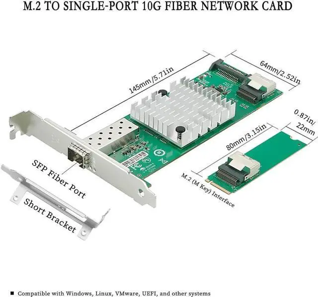 Alt view image 6 of 7 - M.2 (M Key) to 10G SFP+ Network Adapter Card, PCIe 2.0 x4 Interface with 82599EN Chip Single-Port 10 Gigabit Fiber NIC for Server, Router, and NAS, Compatible with Windows/Linux/VMware/UEFI