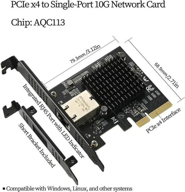 Alt view image 2 of 7 - PCIe x4 10G Network Card IO-PCE113-GLAN, AQC113 Chip 10G/5G/2.5G/1G RJ45 Ethernet Adapter, Compatible with Desktop PC, Server, NAS, and Soft Router Systems (Not Compatible with Apple System)