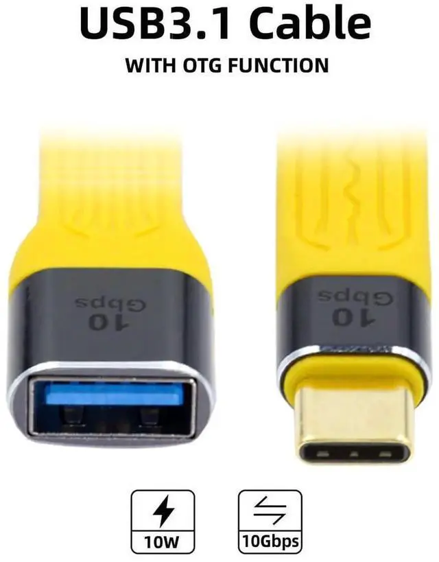 Alt view image 5 of 7 - USB to USB C Cable,USB 3.1 Type C Male to USB 3.0 Type A Female OTG Flat Slim FPC Data Cable for Laptop & Phone Yellow 10Gbps
