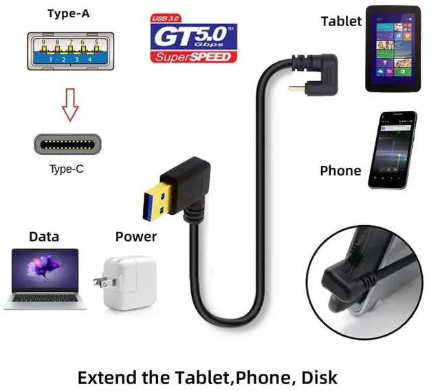 Alt view image 4 of 7 - USB 3.0 to USB C Cable USB 3.0 90 Degree Right Angled to USB C 180 Degree U Shape Angled Charging Data Transfer Extension Cable 0.3M