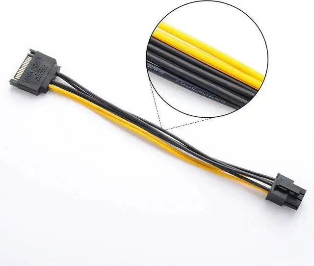 Alt view image 4 of 5 - 15Pin SATA to 6 Pin PCI-Express Video Card Power Adapter Cable, Cable Length 20cm/8inch