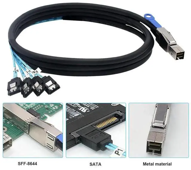 Alt view image 3 of 5 - 2PCS SFF-8644 to 4 Sata 7 Pin Cable, External Mini SAS HD SFF-8644 to 4 Port SATA Cable, Hard Disk Data Server Raid Cable 1 Meter 3.2 FT