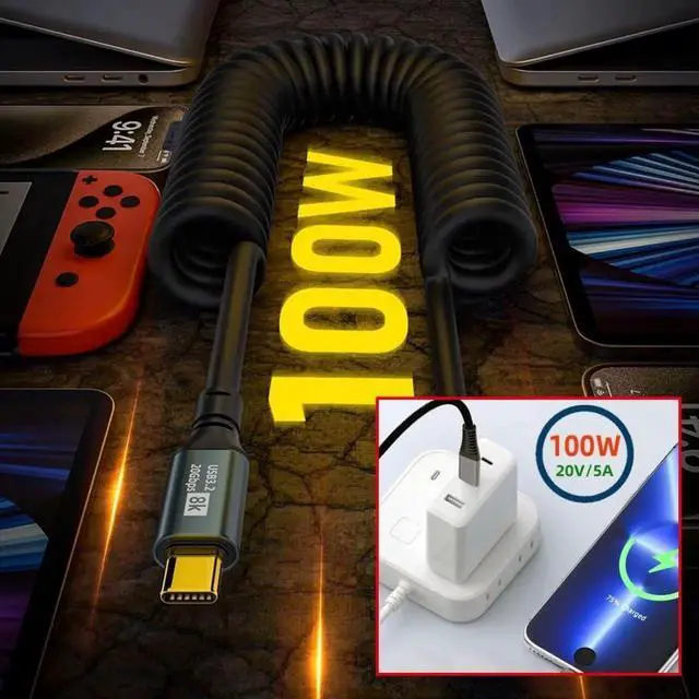 Alt view image 7 of 7 - USB C to C Coiled Cable USB 3.2 Type C 90 Degree Right Angled 20Gbps PD 100W 8K@60Hz Data Fast Charging Cable 6ft