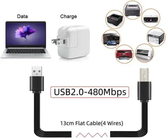 Alt view image 5 of 7 - USB 2.0 Short Flat Cable, USB 2.0 Type A Male to Type B Male 4 Wires 5V 2A Charge Data Extension Silicone Cable 4 Wires 30AWG 13cm