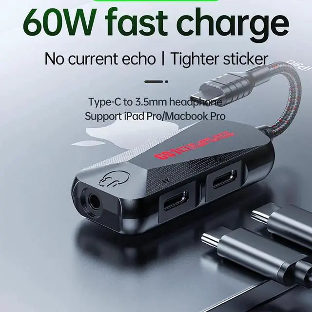 Alt view image 6 of 7 - USB C to 3.5mm / USB C Audio Adapter and Charger 3 in 1 Hi-Res 32bit Aux to USB C with PD 60W Fast Charging Dongle Cable for iPhone 16/15 Pro Max/Galaxy/iPad Pro/Air (GS1-USBC 180°)