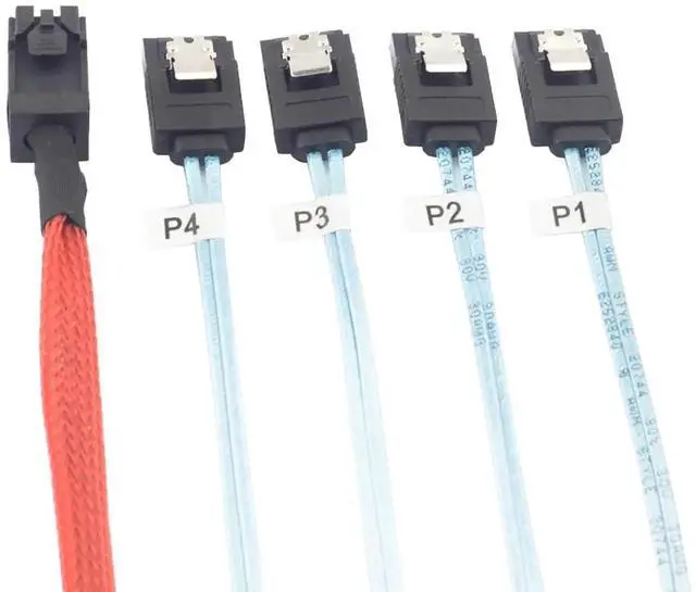 Alt view image 5 of 5 - Mini SAS HD SFF 8643 to 4X SATA Cable 0.5m 1m High Speed 12Gbps Server Connection Wire, Red, 30AWG Copper (1m)