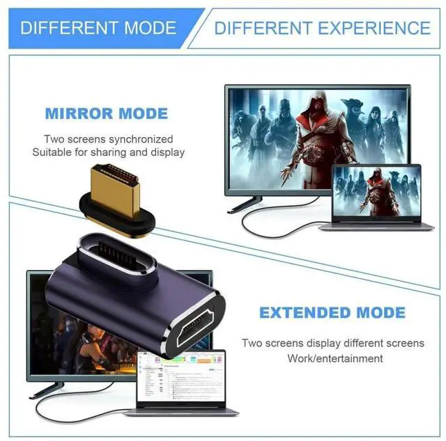Alt view image 5 of 7 - HDMI 2.1 Magnetic Connector, HDMI Male to Female 90 Degree Right Angled 8K@60Hz 4K@120Hz 48Gbps High Speed Gold Plated Gender Change Adapter