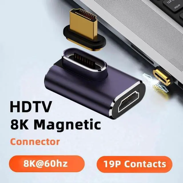 Alt view image 3 of 7 - HDMI 2.1 Magnetic Connector, HDMI Male to Female 90 Degree Right Angled 8K@60Hz 4K@120Hz 48Gbps High Speed Gold Plated Gender Change Adapter