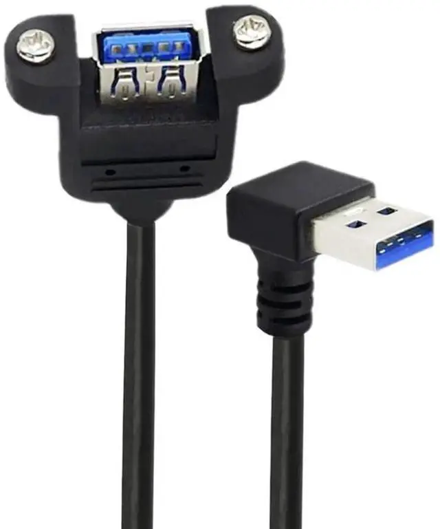 Main image of 12 Inch Short USB Extension Cable, USB 3.0 Male to Female 90 Degree Down Angled Panel Mount Type Cable with Screws