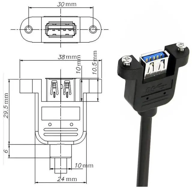Alt view image 7 of 7 - 12 Inch Short USB Extension Cable, USB 3.0 Male to Female 90 Degree Right Angled Panel Mount Type Cable with Screws