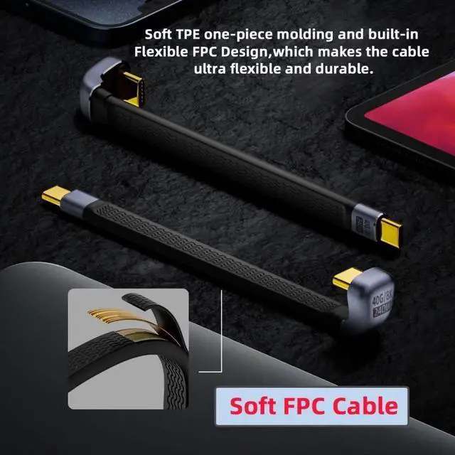 Alt view image 2 of 6 - USB C Short Cable USB4 Type C 40Gbps PD 240W Power 8K@60Hz Slim Flat U Shape Angled Extension Data Cable 13cm