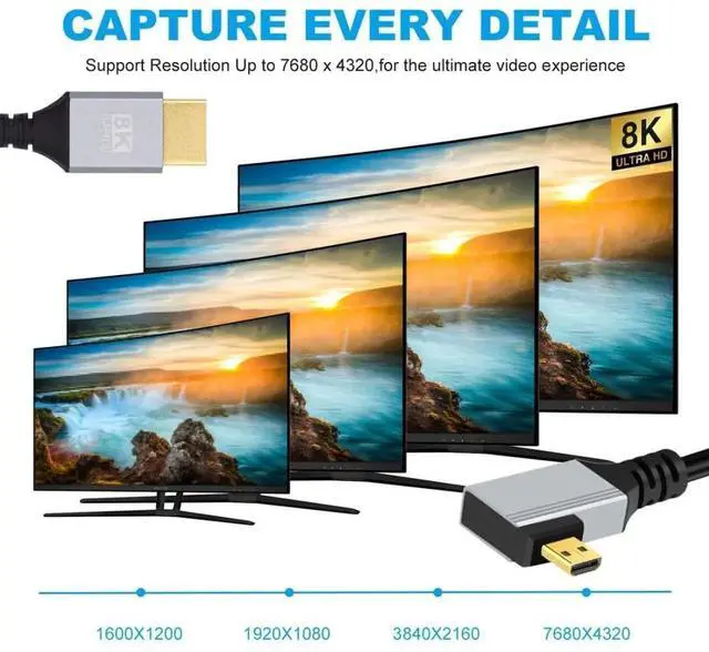 Alt view image 4 of 7 - HDMI 2.1 Cable,HDMI Male to Micro HDMI Male 90 Degree Left Angled 8K@60Hz 4K@120Hz 48Gbps Ultra High-Speed Gold-Plated Cable 1.64FT/0.5M for TV, Monitor, Computer