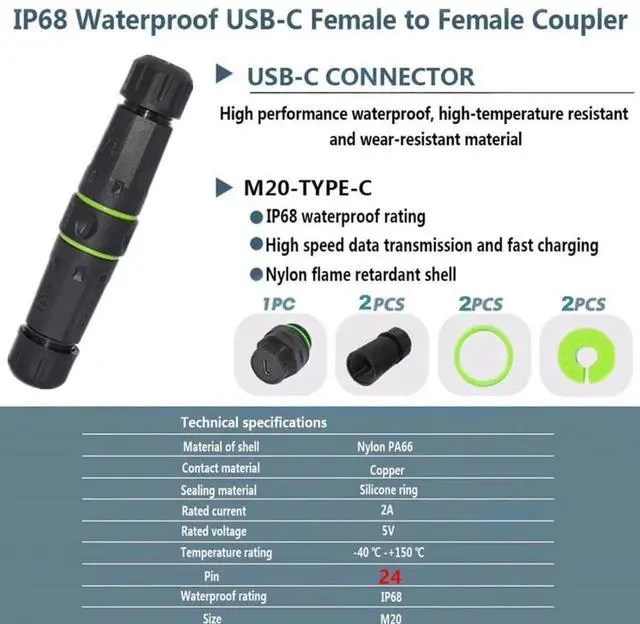 Alt view image 4 of 6 - USB C Waterproof Coupler,IP68 USB 3.1 Type-C 10Gbps Female to Female Data/Power Outdoor Cable Extension Waterproof Adapter