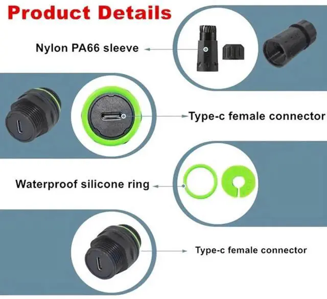 Alt view image 6 of 6 - USB C Waterproof Coupler,IP68 USB 3.1 Type-C 10Gbps Female to Female Data/Power Outdoor Cable Extension Waterproof Adapter