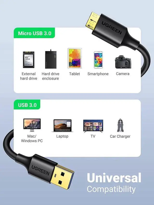 Alt view image 3 of 7 - UGREEN Micro USB 3.0 Cable USB 3.0 Type A Male to Micro B Cord Compatible with SAM-SUNG Galaxy S5 Note 3 Camera Hard Drive and More 3ft