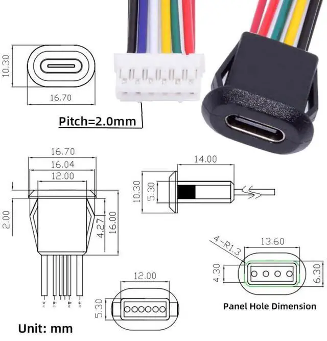 Alt view image 4 of 7 - 5 Pack 2.0mm Pitch 6Pin to USB C Female DC 5V/20V PD Power Flush Mount Charging Socket Port Conversion Cable Adapter