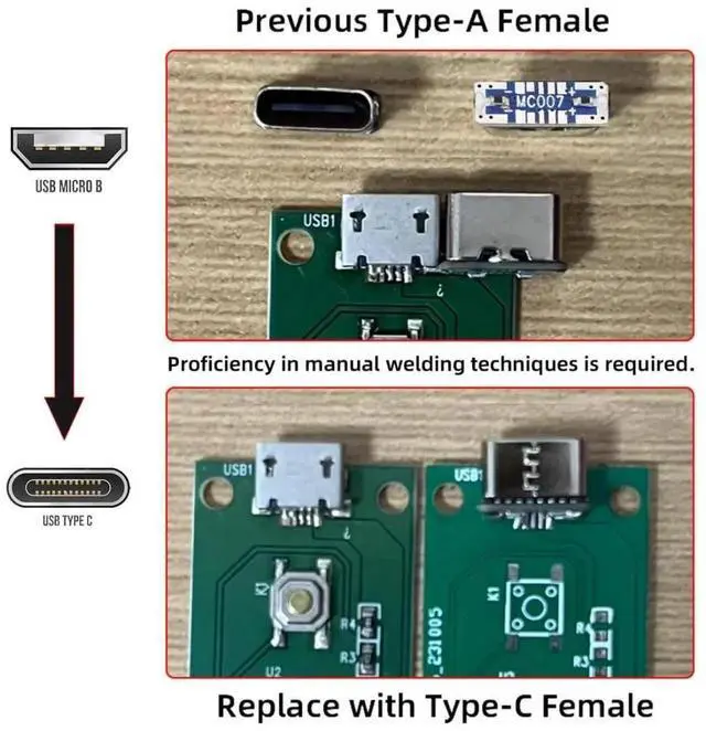 Alt view image 6 of 7 - 5 Pack USB C DIY Connector,Micro USB 5Pin to USB C Female Socket Port Repair Replacement Solder Adapter Standard Pinout