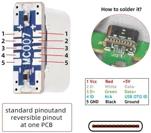 Alt view image 3 of 7 - 5 Pack USB C DIY Connector,Micro USB 5Pin to USB C Female Socket Port Repair Replacement Solder Adapter Standard Pinout