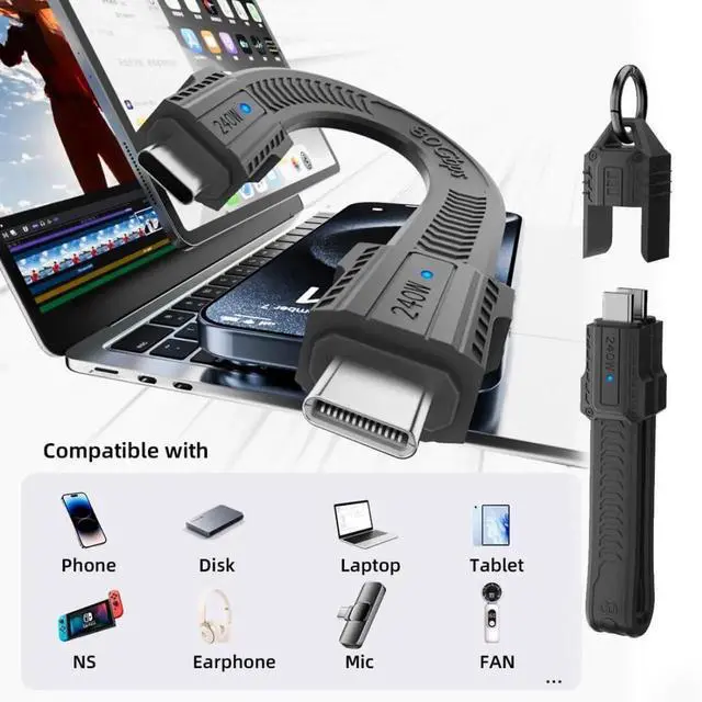 Alt view image 3 of 7 - 5.12 Inch USB C Short Flat Cable,Support PD 240W/80Gbps/8K@60Hz Video/OTG Compatible with Thunderbolt3/4 with Storage Case Black
