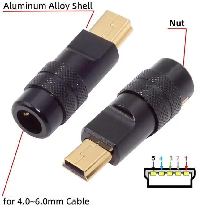 Alt view image 3 of 7 - Mini USB DIY Connector Aluminum Alloy Mini USB 2.0 5Pin Male Plug Port Repair Replacement Solder Adapter for OD 4.0-6.0mm Cable