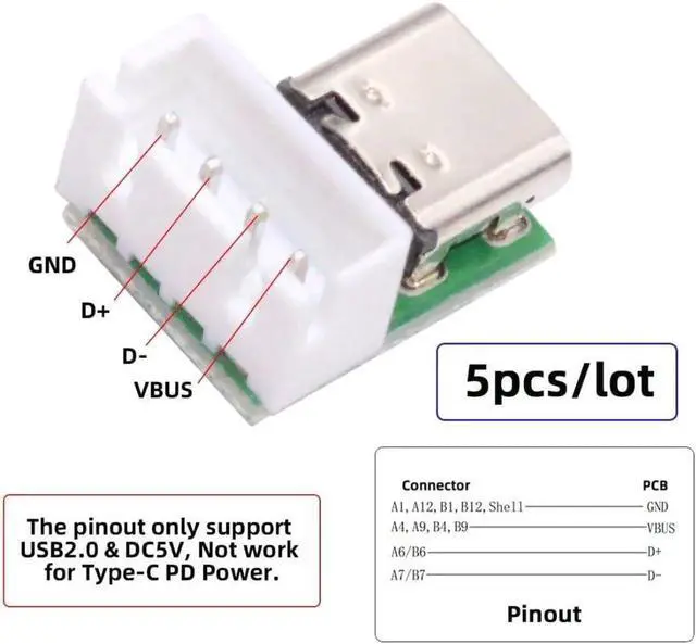 Alt view image 4 of 7 - 5 Pack USB C DIY Connector, Pitch 2.54mm Vertical 4Pin to USB 2.0 Type C Female Socket Port Repair Replacement Solder Adapter with Wafer Socket