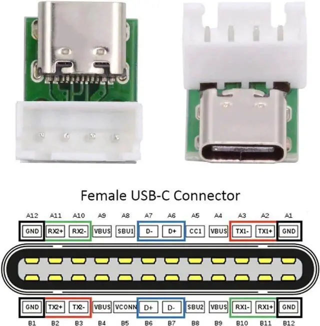 Alt view image 3 of 7 - 5 Pack USB C DIY Connector, Pitch 2.54mm Vertical 4Pin to USB 2.0 Type C Female Socket Port Repair Replacement Solder Adapter with Wafer Socket