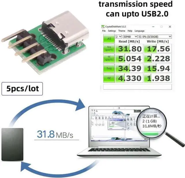 Alt view image 4 of 7 - 5 Pack USB C DIY Connector, Pitch 2.54mm 4Pin to USB 2.0 Type C Female Socket Port Repair Replacement Solder Adapter