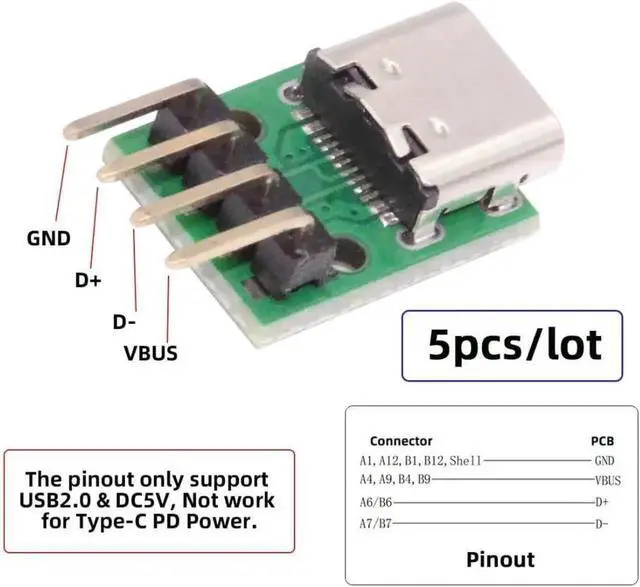 Alt view image 7 of 7 - 5 Pack USB C DIY Connector, Pitch 2.54mm 4Pin to USB 2.0 Type C Female Socket Port Repair Replacement Solder Adapter