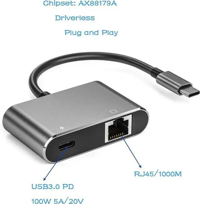 Alt view image 2 of 7 - USB C to RJ45 LAN Ethernet Giga-bit Network Adapter with Chippset AX88179 with 100W PD Charging for Windows/iOS/iPadOS/macOS/Linux