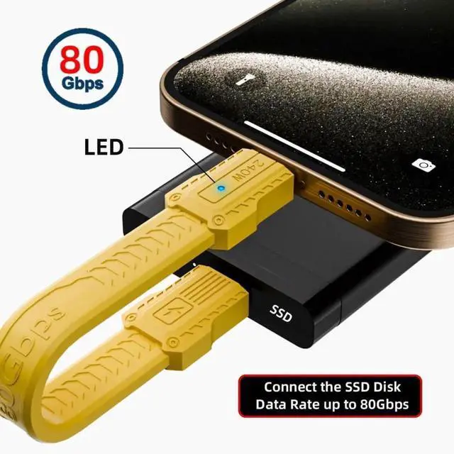 Alt view image 2 of 7 - 5.12 Inch USB C Short Flat Cable,Support PD 240W/80Gbps/8K@60Hz Video/OTG Compatible with Thunderbolt3/4 with Storage Case Yellow