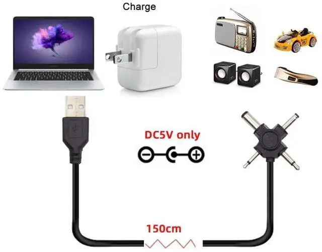 Alt view image 4 of 7 - 4 in 1 DC 5V 5.5x2.1mm 4.0x1.7mm Mono 3.5mm 2.5mm to USB 2.0 Power Plug Barrel Connector Charge Cable 1.5M