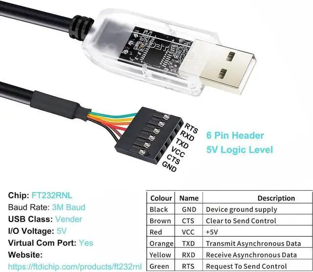 Alt view image 2 of 6 - USB to TTL Adapter FTDI Chip 5V 6 Pin USB to UART Debug Cable FT232RNL IC Serial Converter 6ft LED Indicators Output 5 Volt for Windows 11 10 8 7 XP MAC Linux Easy Debugging and Programming