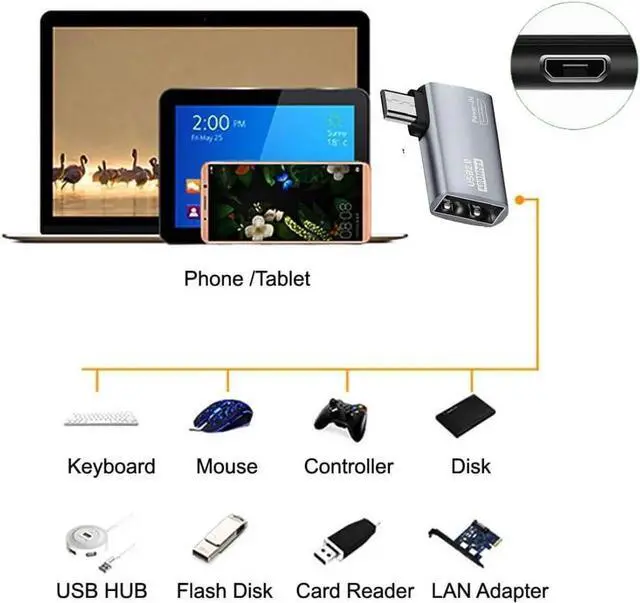 Alt view image 7 of 7 - 2 in 1 Micro USB OTG Power Adapter Micro USB Male to USB 2.0 Female 90 Degree Right Angled Connector Adapter
