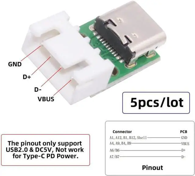 Alt view image 2 of 7 - 5 Pack USB C DIY Connector, Pitch 2.54mm 4Pin to USB 2.0 Type C Female Socket Port Repair Replacement Solder Adapter with Wafer Socket