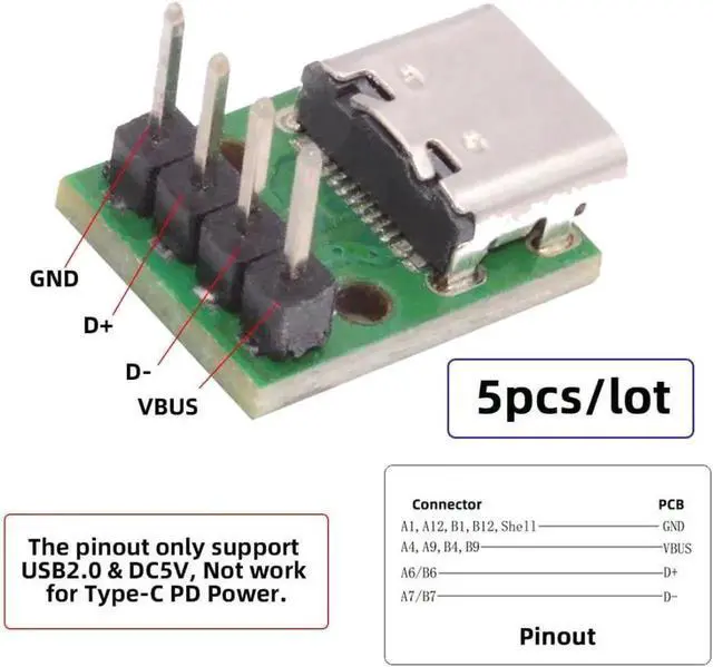 Alt view image 5 of 7 - 5 Pack USB C DIY Connector, Pitch 2.54mm Vertical 4Pin to USB 2.0 Type C Female Socket Port Repair Replacement Solder Adapter