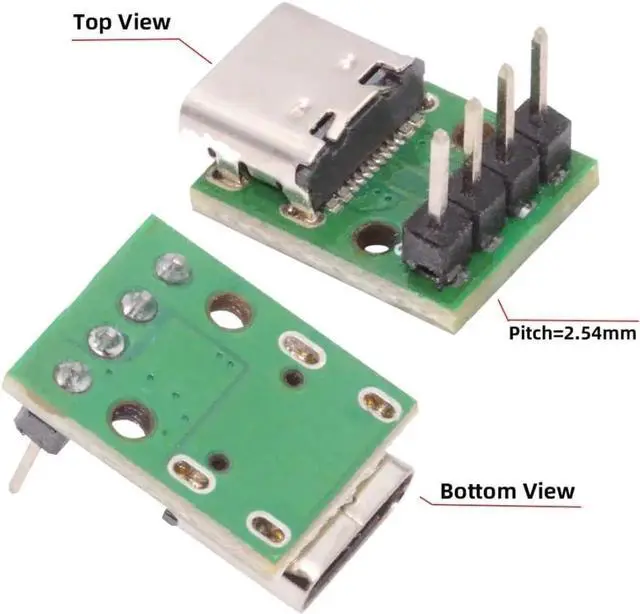 Alt view image 4 of 7 - 5 Pack USB C DIY Connector, Pitch 2.54mm Vertical 4Pin to USB 2.0 Type C Female Socket Port Repair Replacement Solder Adapter