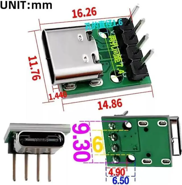 Alt view image 3 of 7 - 5 Pack USB C DIY Connector, Pitch 2.54mm Vertical 4Pin to USB 2.0 Type C Female Socket Port Repair Replacement Solder Adapter