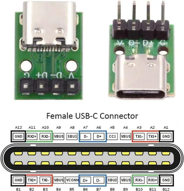 Alt view image 2 of 7 - 5 Pack USB C DIY Connector, Pitch 2.54mm Vertical 4Pin to USB 2.0 Type C Female Socket Port Repair Replacement Solder Adapter