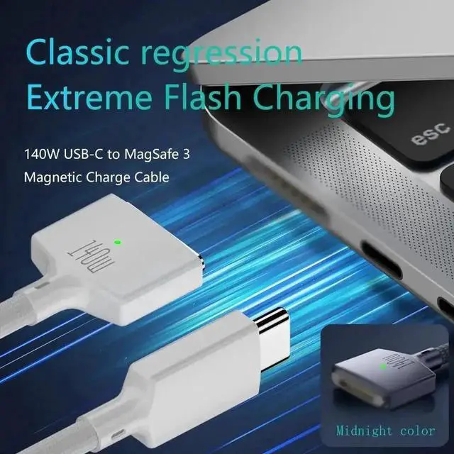 Alt view image 3 of 6 - 2M USB Type C to Magsafe 3 Magnetic Charger Cord Laptop Charging Cable Converter PD 140W for MacBook Air/Pro A2442 A2485 A2681 White