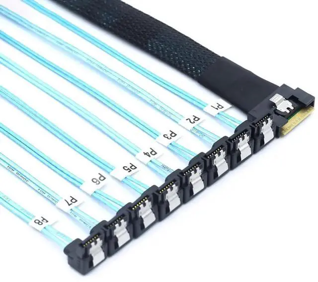 Alt view image 5 of 5 - PCI-E Slimline SAS SFF-8654 8i to 8X SATA 90-Degree Cable, Full Cover Anti-Misplug Design,24Gbps High-Speed Server Data Cable (1m/39.37in)