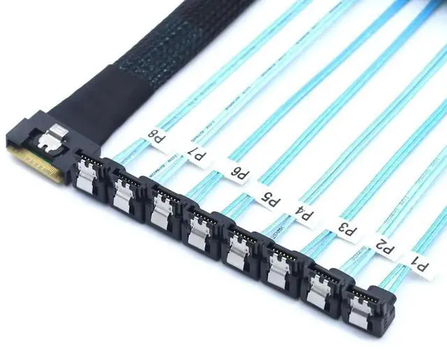 Alt view image 4 of 5 - PCI-E Slimline SAS SFF-8654 8i to 8X SATA 90-Degree Cable, Full Cover Anti-Misplug Design,24Gbps High-Speed Server Data Cable (1m/39.37in)