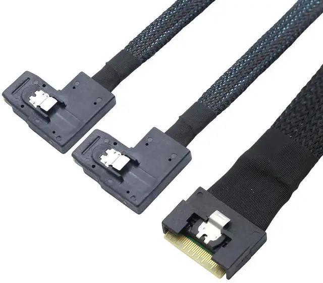 Alt view image 2 of 6 - Anti-Misplug PCIe Slimline SAS SFF-8654 8i to Dual SAS SFF-8087 Right-Angle Server Cable, 32AWG High-Speed Copper Wire Harness (0.5M/19.68in)